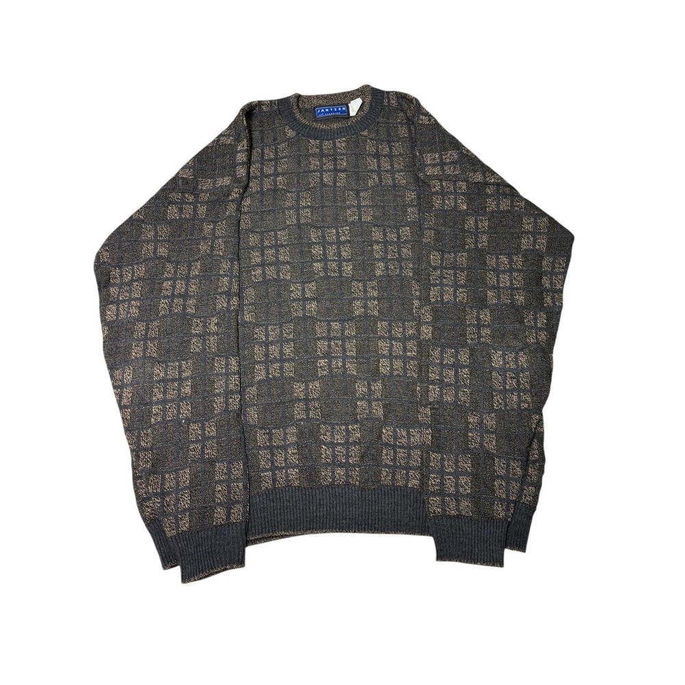 Vintage Jantzen Classics Gray Brown Geometric Knit Sweater Mens XLT Made USA